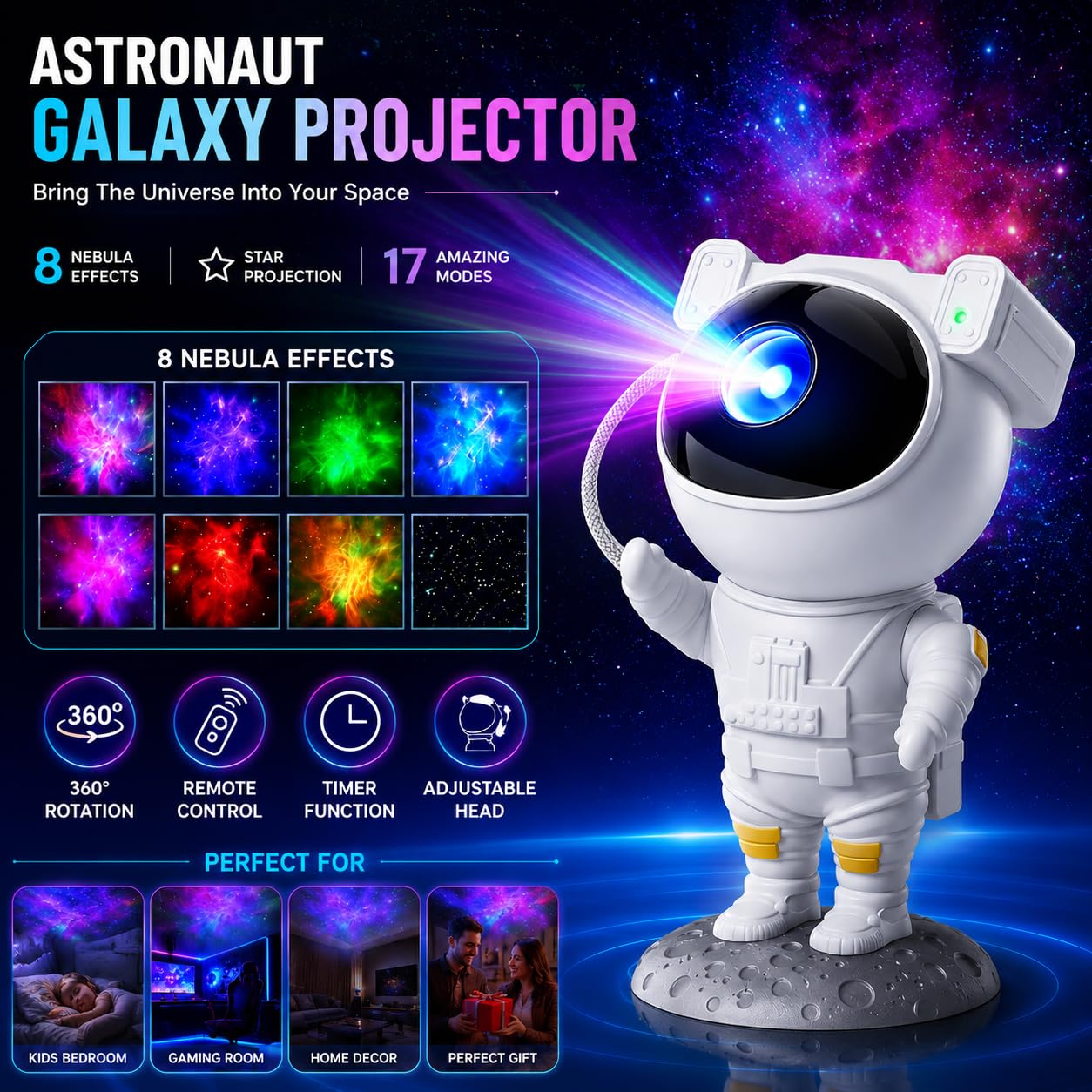 Astronaut Galaxy Projector Night Light – 360° Rotating Nebula Star Projector with Remote Control, Timer & Adjustable Head – Space Lamp for Kids’ Bedroom, Gifts, Gaming Room, Home & Décor