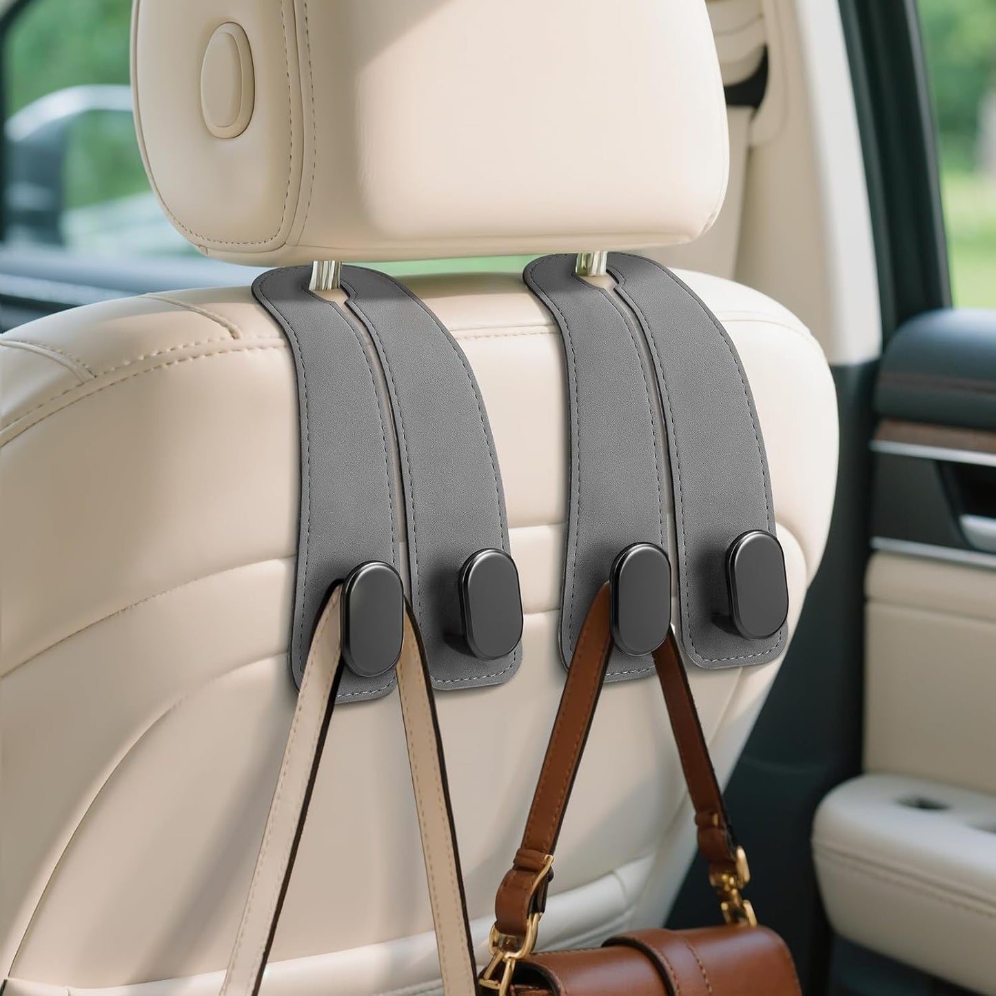2 Pack Car Seat Headrest Double Hooks Leather Car Back Seat Headrest Hooks for Purses, Bags and Handbags, Car Organization Accessories
