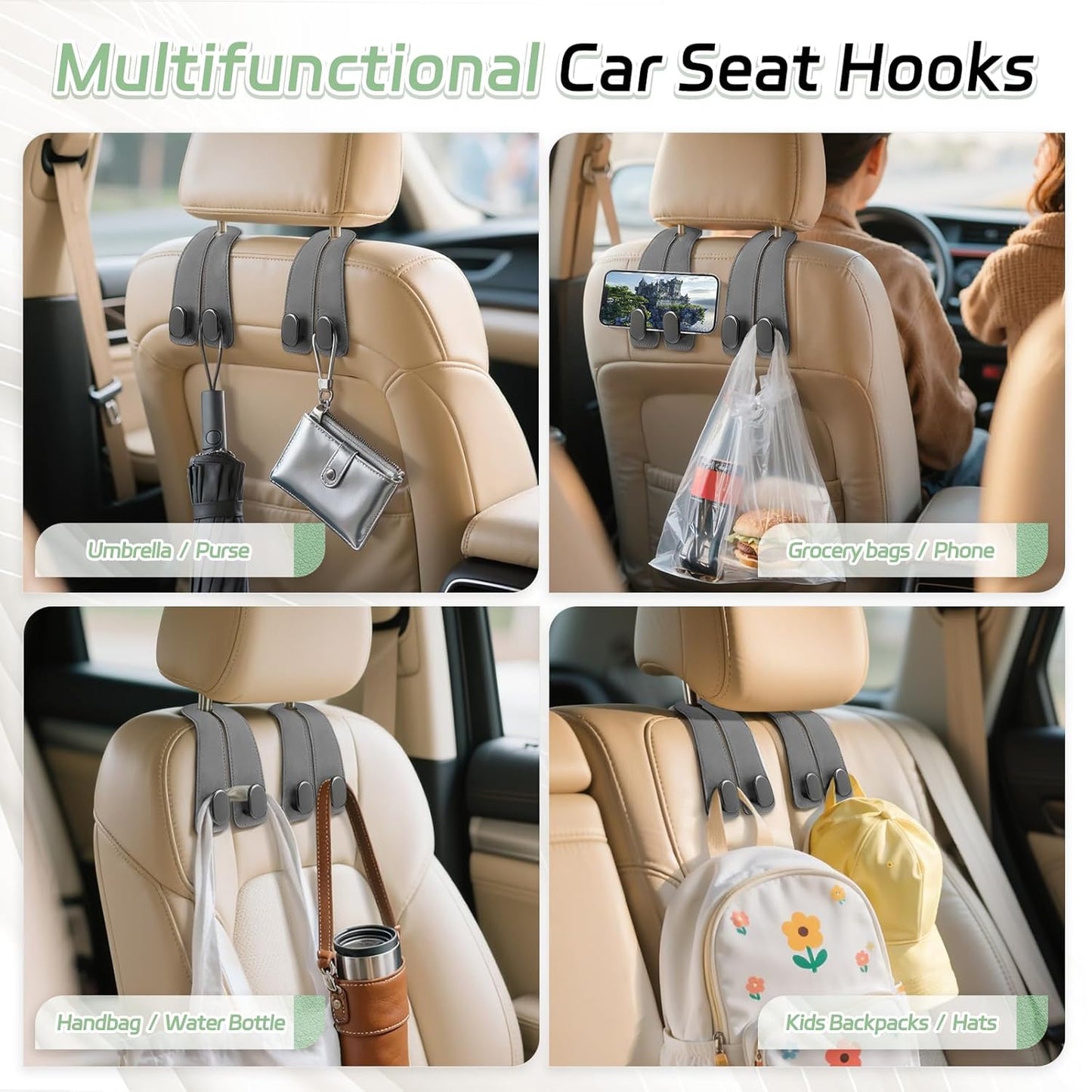 2 Pack Car Seat Headrest Double Hooks Leather Car Back Seat Headrest Hooks for Purses, Bags and Handbags, Car Organization Accessories