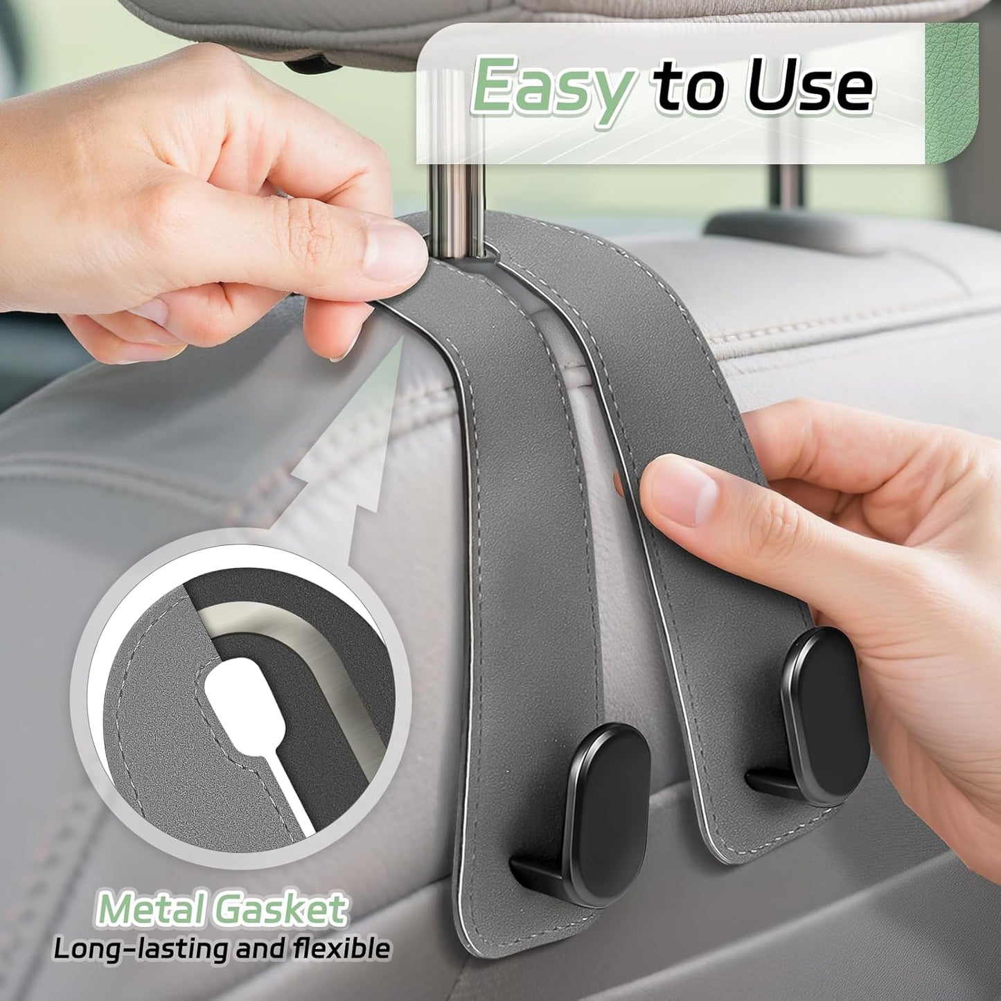 2 Pack Car Seat Headrest Double Hooks Leather Car Back Seat Headrest Hooks for Purses, Bags and Handbags, Car Organization Accessories